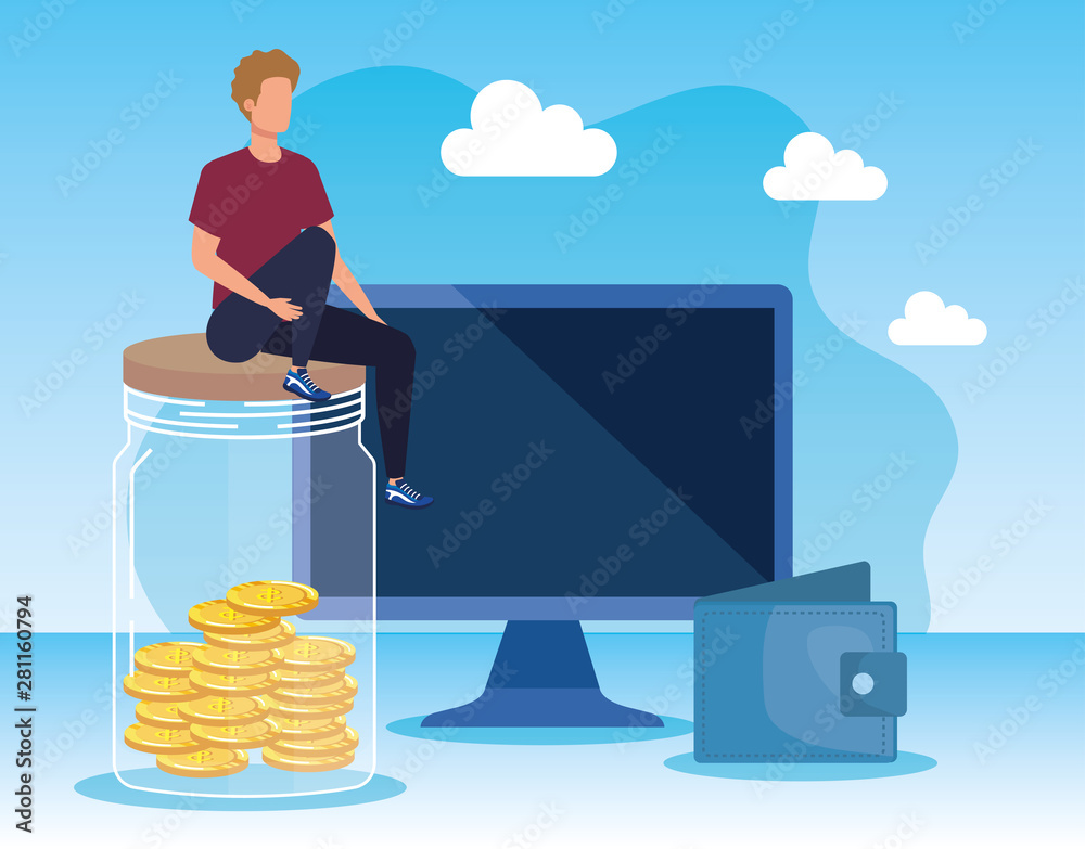 Wall mural businessman with computer technology and coins save with wallet