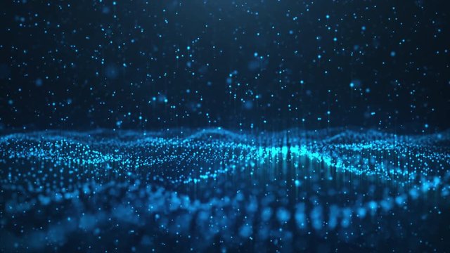 Abstract motion background of shining particles. Digital signature with wave particles, sparkle. Beautiful blue floating particles with shine light rise up. Seamless Loopable 3D. 4K animation