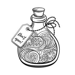 Bottle with magic sea potion. Black and white vector graphic. Antistress coloring page.