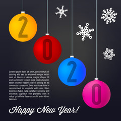Colored Matt Christmas Balls on Black Background. Merry Christmas and Happy New Year 2020. Vector Illustration