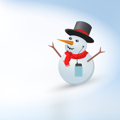 Happy Snowman in the Cylinder. Merry Christmas and Happy New Year Light Background. Vector Illustration
