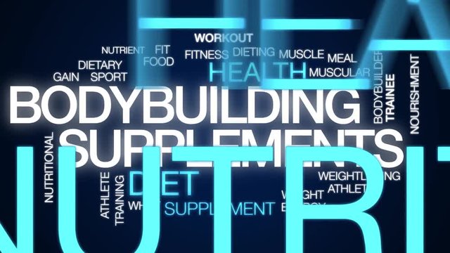 Bodybuilding supplements animated word cloud. Kinetic typography.