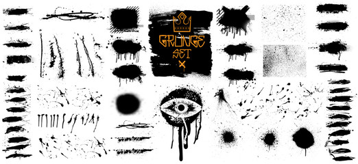 Very nice Collection of black paint, Isolated grunge set. Great elaboration, template ink brush strokes, brushes, lines. Paint splats blotches. High quality manually traced. Vector Isolated set - obrazy, fototapety, plakaty