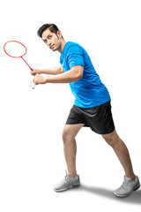 Asian man with badminton racket holding shuttlecock and ready in serve position