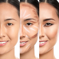 Different steps of applying contouring makeup on Asian woman's face