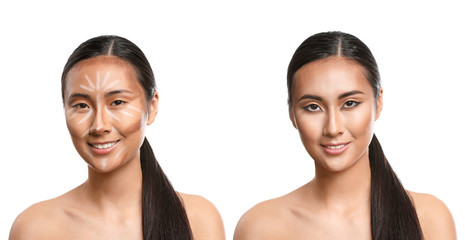 Asian woman with finished and unfinished contouring makeup on white background