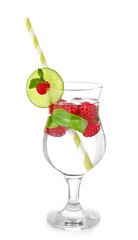 Glass of tasty infused water on white background