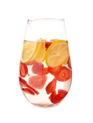 Jug of tasty infused water on white background