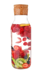 Bottle of tasty infused water on white background