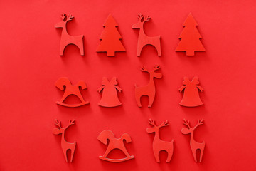 Different Christmas decor on color background