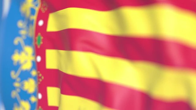 Waving flag of Valencian Community, an autonomous region in Spain. Close-up, loopable 3D animation