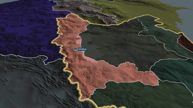West Azarbaijan - province of Iran with its capital zoomed on the administrative map of the globe. Animation 3D