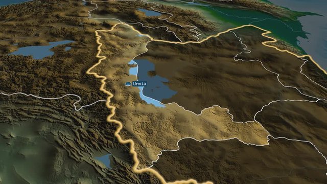 West Azarbaijan - province of Iran with its capital zoomed on the physical map of the globe. Animation 3D