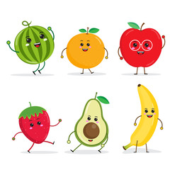 cartoon Funny fruit characters, apple, avocado, banana, Orange, strawberry, watermelon, kawaii characters