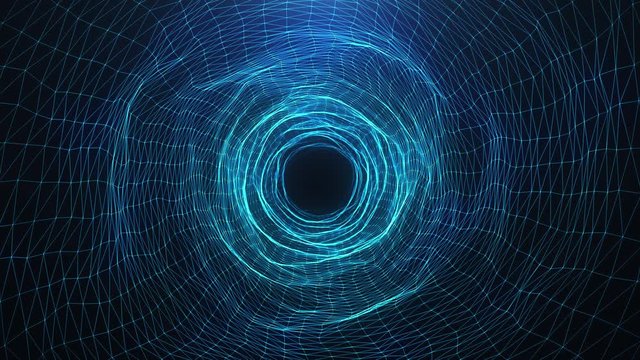 Abstract motion digital wormhole, tunnel consisting blue sparkling particle and lines. Way through the digital network beautiful blue particles. Seamless Loopable 3D 4K animation