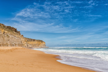 Stunning cliffs, beach and sea at sunset on the Great Ocean Road, Victoria, Australia