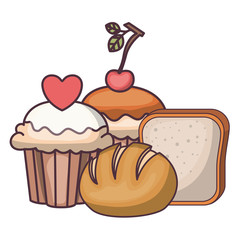 set of delicious and fresh bakery cakes