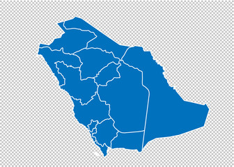 saudi Arabia map - High detailed blue map with counties/regions/states of saudi Arabia. saudi Arabia map isolated on transparent background.