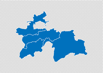 tajikistan map - High detailed blue map with counties/regions/states of tajikistan. tajikistan map isolated on transparent background.
