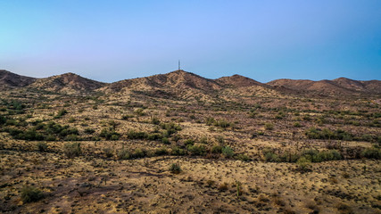 Drone image taken during the golden hour at sunset of the Sonoran Preserve north of Phoenix, Arizona.
