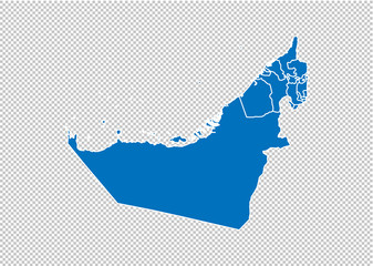 united Arab Emirates map - High detailed blue map with counties/regions/states of united Arab Emirates. UAE map isolated on transparent background.