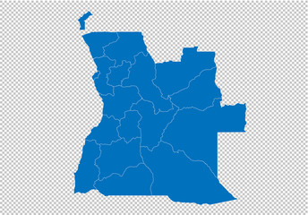 angola map - High detailed blue map with counties/regions/states of angola. angola map isolated on transparent background. - obrazy, fototapety, plakaty