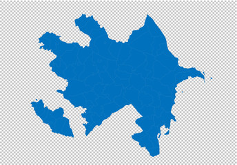azerbaijan map - High detailed blue map with counties/regions/states of azerbaijan. azerbaijan map isolated on transparent background.