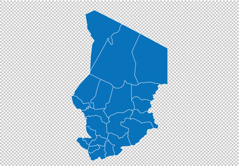 chad map - High detailed blue map with counties/regions/states of chad. chad map isolated on transparent background.