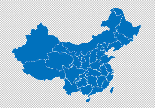 china map - High detailed blue map with counties/regions/states of china. china map isolated on transparent background.