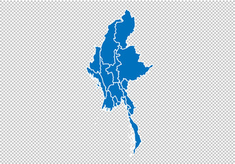 myanmar map - High detailed blue map with counties/regions/states of myanmar. nepal map isolated on transparent background.