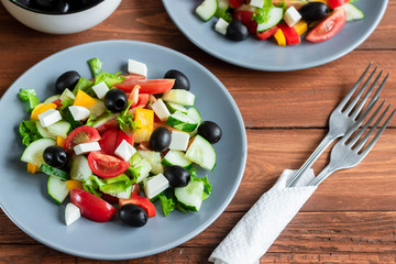 Greek salad with fresh tomatoes, peppers and cucumbers