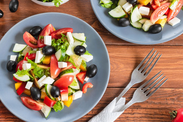 Greek salad with fresh tomatoes, peppers and cucumbers