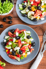 Greek salad with fresh tomatoes, peppers and cucumbers