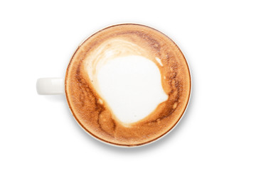 Top view of hot coffee cappuccino cup isolated on white background. with clipping path.