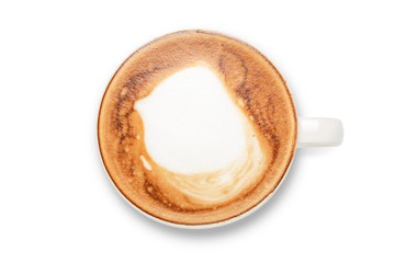 Top view of hot coffee cappuccino cup isolated on white background. with clipping path.