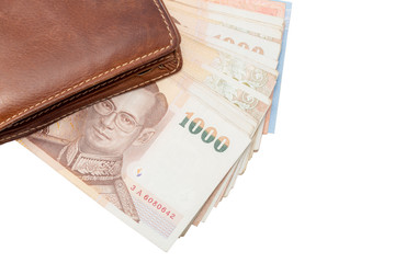 brown wallet on bank isolated on white background.