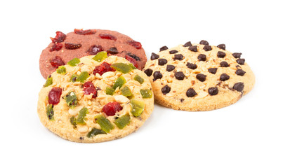 round cookies with dried fruit isolated on white background