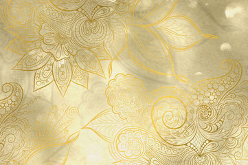 Abstract golden background with mandala decorations and beautiful lights effects.