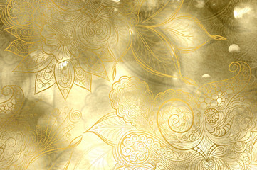 Abstract golden background with mandala decorations and beautiful lights effects.