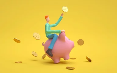 Fotobehang A man sitting on a piggy bank. Earning, saving and investing money concept.  3d rendering,conceptual image. © Jane