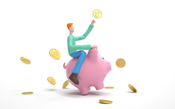 A man sitting on a piggy bank. Earning, saving and investing money concept.  3d rendering,conceptual image.