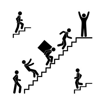 man walks up the stairs, stick figure pictogram, human silhouette, illustration of people, falling from a ladder, carrying cargo, up and down stairs