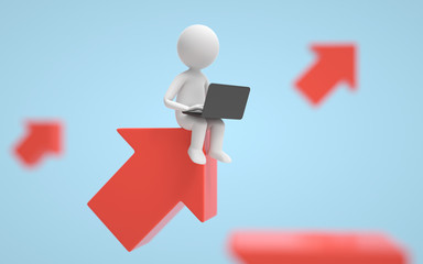 A man sitting on flying arrows and searching for an opportunities. business and success concept. 3d rendering,conceptual image.