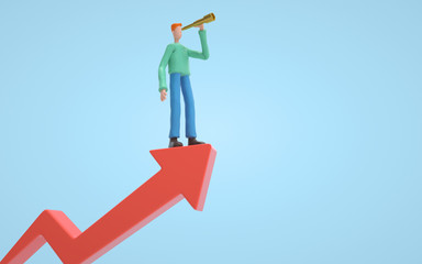 A man standing on flying arrows and searching for an opportunities. business and success concept. 3d rendering,conceptual image.