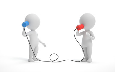 Two man communicating to each other using tin can phone.  communication and technology concept. 3d rendering,conceptual image.