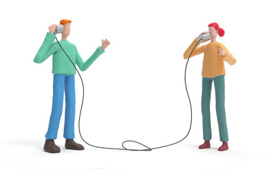 Two man communicating to each other using tin can phone.  communication and technology concept. 3d rendering,conceptual image.