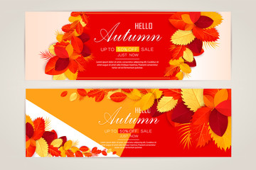 Set vector banners with red, orange, brown and yellow autumn leaves.