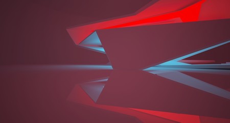 Abstract architectural white interior of a minimalist house with color gradient neon lighting. 3D illustration and rendering.