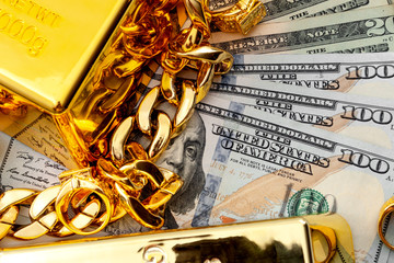 Jewelry buyer, pawn shop and buy and sell precious metals concept theme with a pile of cash in US...