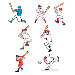 Set or collection illustration of American baseball player, pitcher or batter, batting, pitching or throwing ball cartoon style isolated on white background.